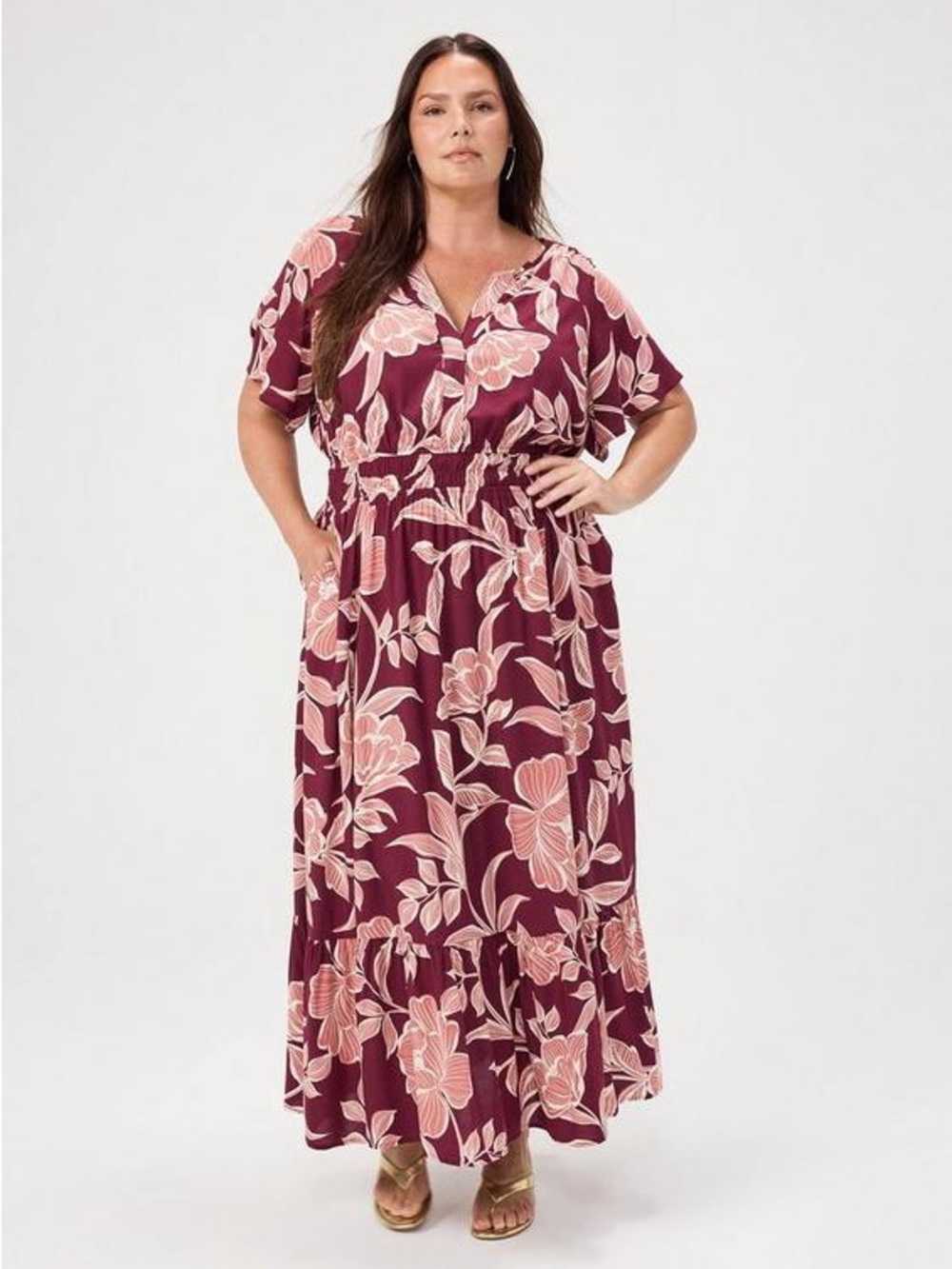 Torrid Boho Chic Y-Neck Challis Maxi Dress in Nova Floral Plum Plus Size 2X - Picture 15 of 15